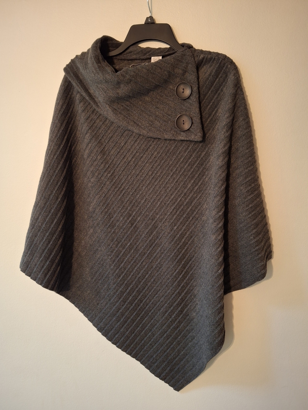 Le Moda Charcoal Ribbed Asymmetrical Button Poncho